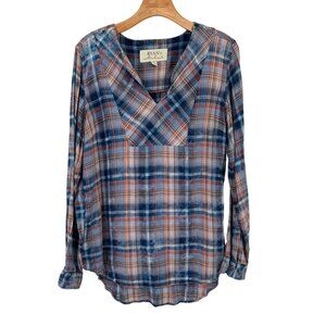 Ryan Michael Women's Plaid Long Sleeve V-Neck Cotton Shirt size medium embroider